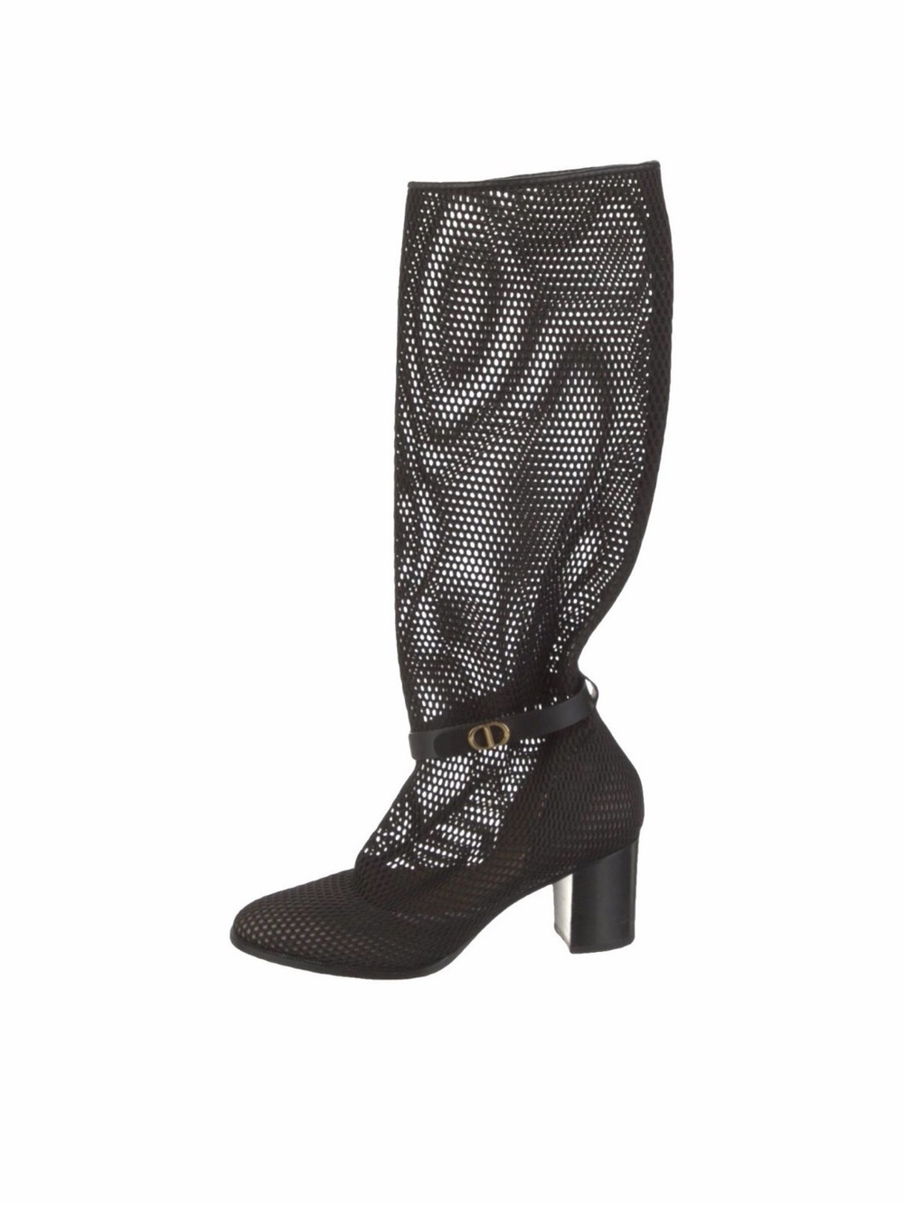 Dior Black Mesh Mid-Calf Block Heel Boot with Ankle Strap